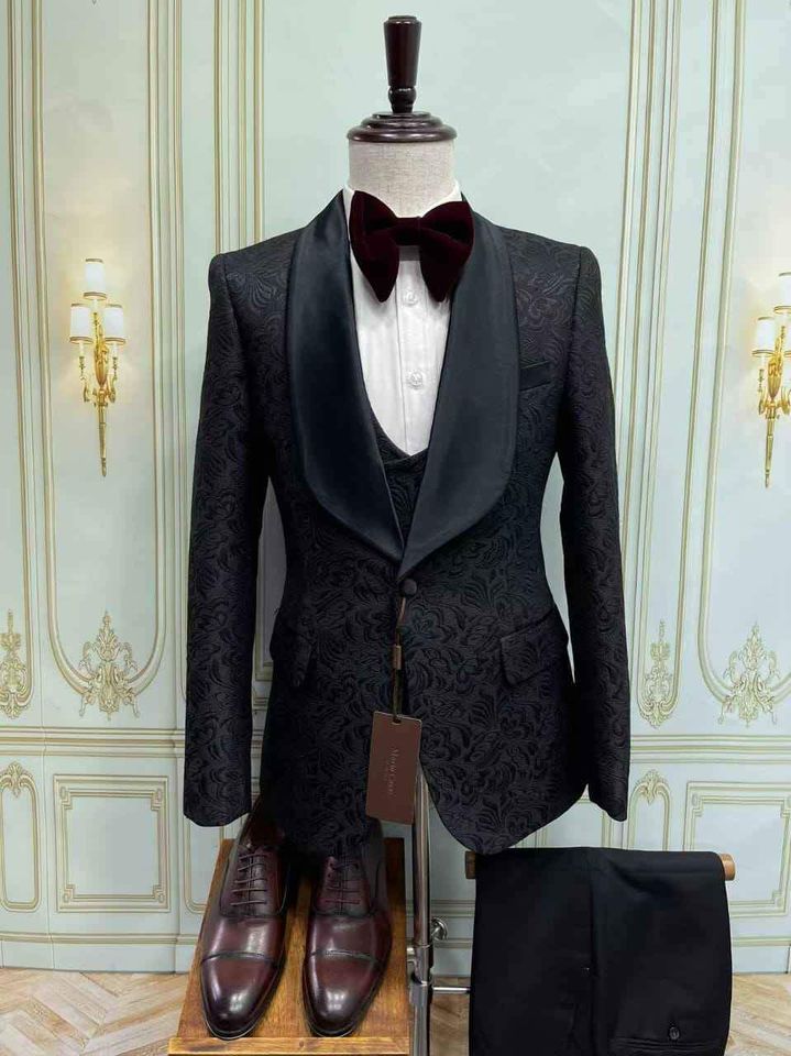 Black Floral Tuxedo with Double Lapel