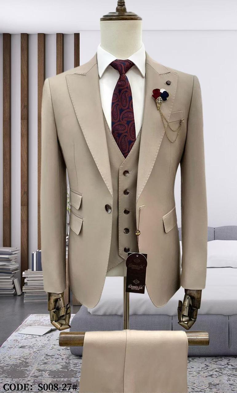 Beige Premium Wool Three Piece Suit