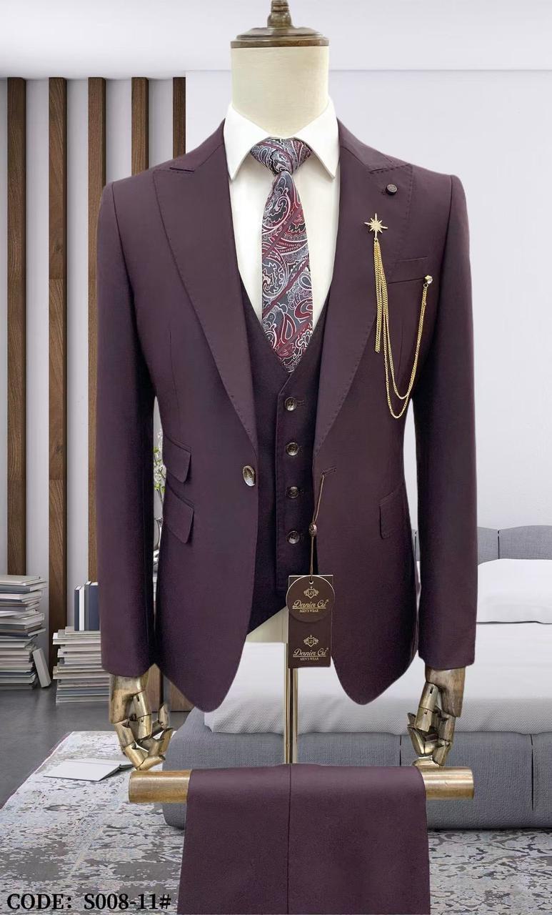 Burgundy Maroon Wool Three Piece Suit