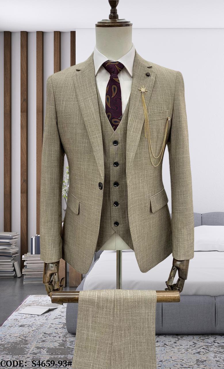 Khaki Beige Tweed Three Piece Suit