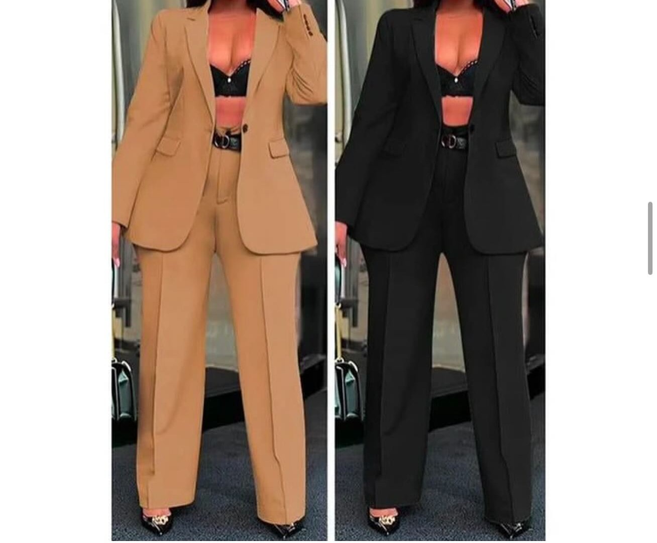 Camel Two Piece Wide Leg Suit Blazer Set