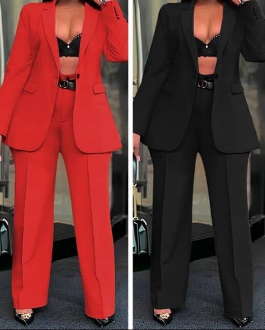 Red Two Piece Wide Leg Suit Blazer Set